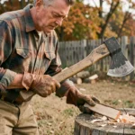 Homme tenant une hache à fendre le bois et examinant son tranchant dans un jardin rustique en automne