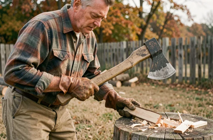 Homme tenant une hache à fendre le bois et examinant son tranchant dans un jardin rustique en automne