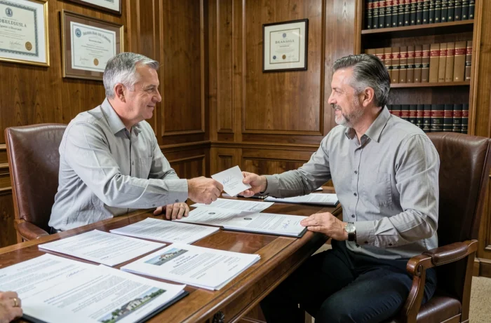 Échange de documents immobiliers entre un client et un notaire dans un office notarial