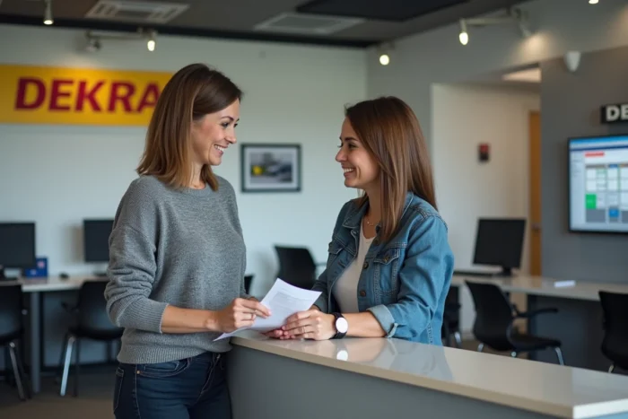 Cliente discutant des tarifs et des démarches administratives au comptoir d'un centre DEKRA