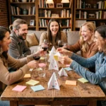 Groupe d'adultes joyeux autour d'une table couverte de cocottes en papier colorées lors d'une soirée entre amis
