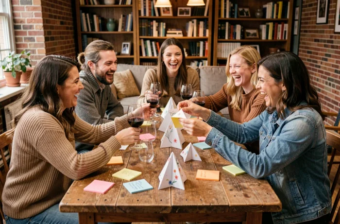 Groupe d'adultes joyeux autour d'une table couverte de cocottes en papier colorées lors d'une soirée entre amis