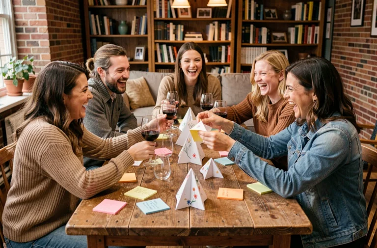 Groupe d'adultes joyeux autour d'une table couverte de cocottes en papier colorées lors d'une soirée entre amis