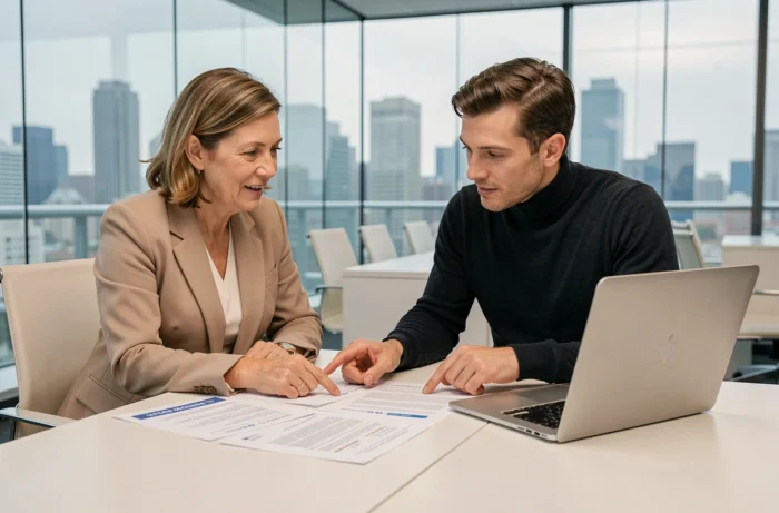 Deux professionnels collaborant sur une plateforme d'emploi spécialisée lors d'une séance de conseil en carrière en salle de réunion
