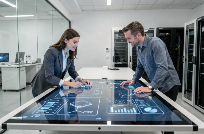 Deux professionnels collaborant sur une table tactile interactive dans un laboratoire d'innovation technologique