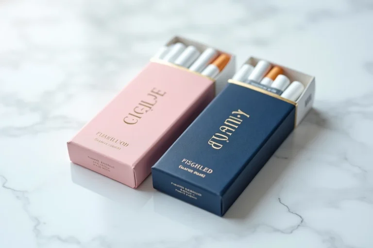 Deux paquets de cigarettes Vogue côte à côte sur marbre blanc, version pastel rose et version bleue marine, comparaison des couleurs d'emballage