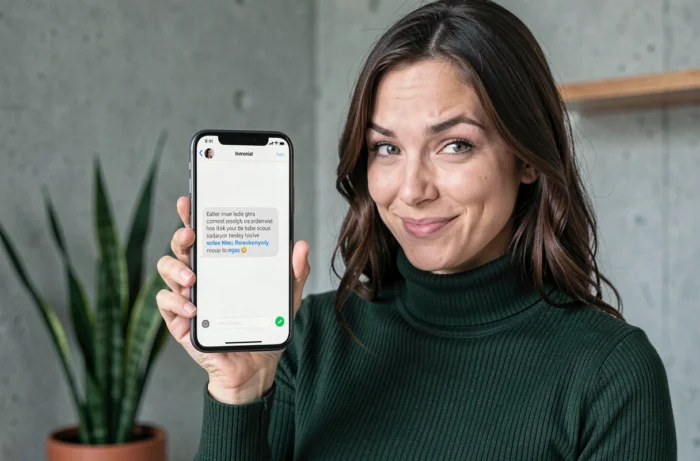 Femme au sourire malicieux montrant une réponse de faux compliment taquin sur son téléphone