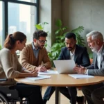 Équipe professionnelle inclusive réunie autour d'une table de réunion, illustrant la collaboration et les comportements inclusifs en milieu de travail