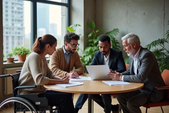 Équipe professionnelle inclusive réunie autour d'une table de réunion, illustrant la collaboration et les comportements inclusifs en milieu de travail