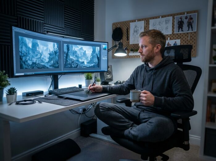 Concept artist travaillant sur un environnement 3D fantastique devant un double écran dans un bureau home office équipé