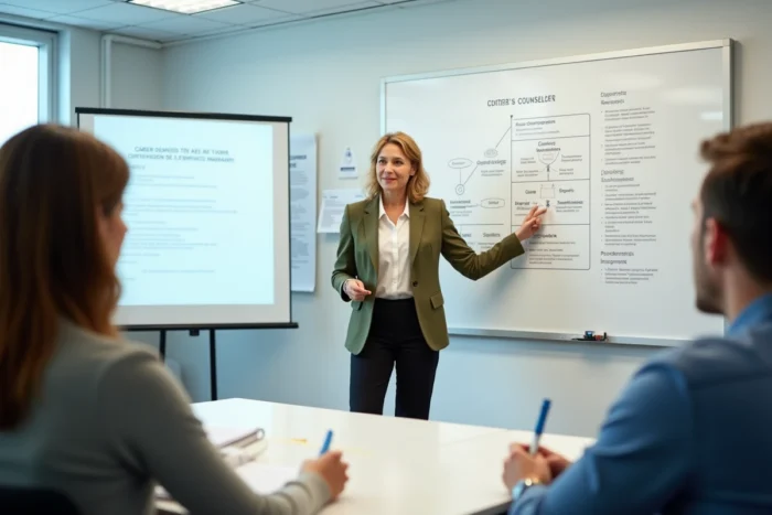 Conseillère en orientation professionnelle présentant des parcours de formation certifiante à des adultes en salle de stage