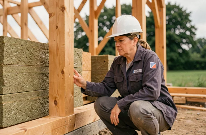 Une constructrice expérimentée inspecte l'ossature bois d'une maison écologique en cours de construction sur un chantier durable