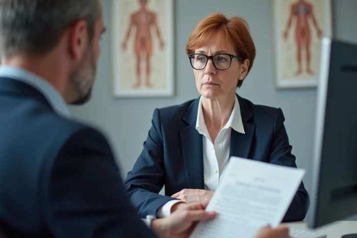 Femme en consultation médicale avec un neurologue pour évaluation médicale avant de reprendre le volant après un AVC