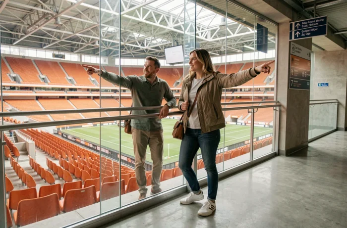 Deux spectateurs dans un couloir du Groupama Stadium en train de choisir leurs places avec vue sur les tribunes