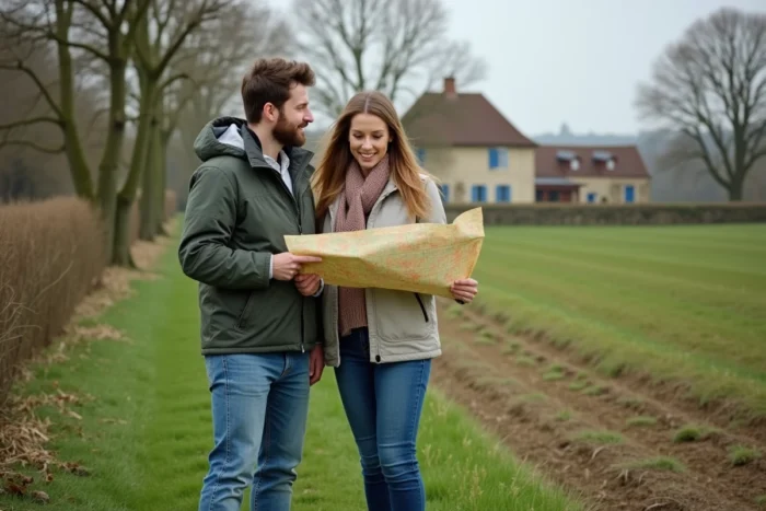 Jeune couple consultant un plan cadastral lors de l'achat d'une parcelle de terres agricoles en milieu rural français