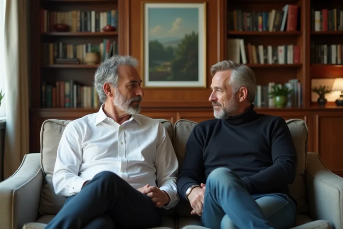 Deux hommes discutant dans un appartement parisien élégant, portrait intime illustrant la vie amoureuse et quotidienne d'un couple