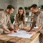 Un couple discute des plans de leur future maison écologique avec un constructeur engagé dans un bureau architectural moderne