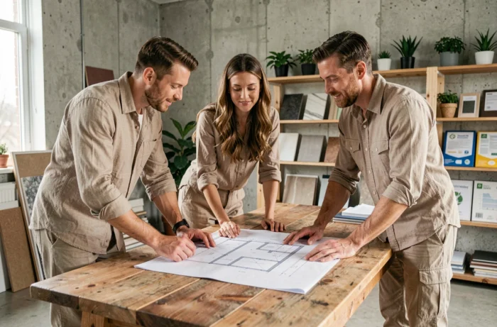 Un couple discute des plans de leur future maison écologique avec un constructeur engagé dans un bureau architectural moderne