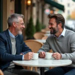 Deux hommes souriants partageant un café en terrasse parisienne, illustrant une relation amoureuse complice et détendue