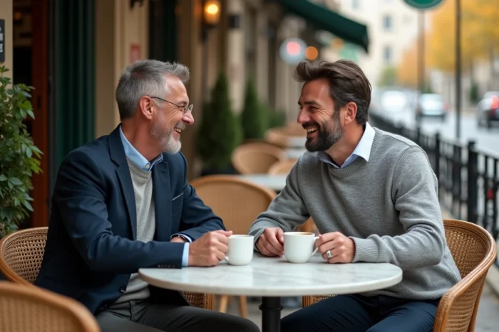 Deux hommes souriants partageant un café en terrasse parisienne, illustrant une relation amoureuse complice et détendue