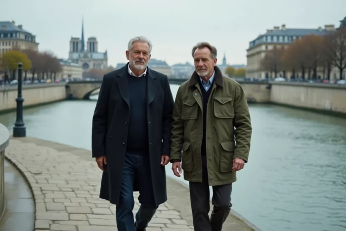 Deux hommes marchant ensemble au bord de la Seine à Paris, évoquant une vie de couple épanouie dans la capitale française