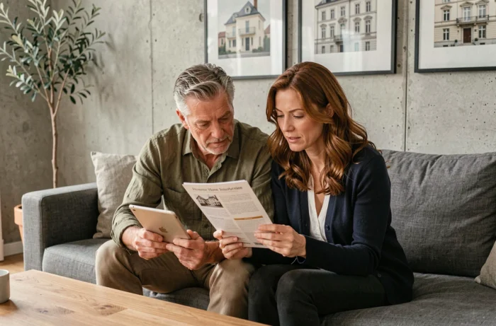 Couple de propriétaires consultant une brochure d'assurance habitation sur tablette dans leur salon moderne