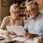 Couple de retraités examinant des documents administratifs liés à leur retraite à la maison