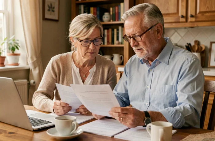 Couple de retraités examinant des documents administratifs liés à leur retraite à la maison