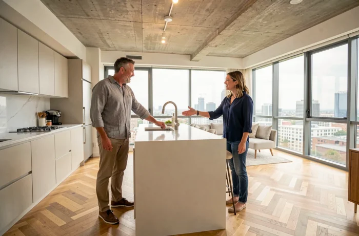 Couple visitant un appartement rénové en open space avec parquet et vue sur la ville lors d'un projet immobilier