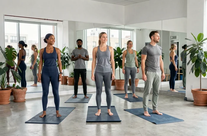 Groupe de professionnels participant à un cours de yoga collectif en entreprise