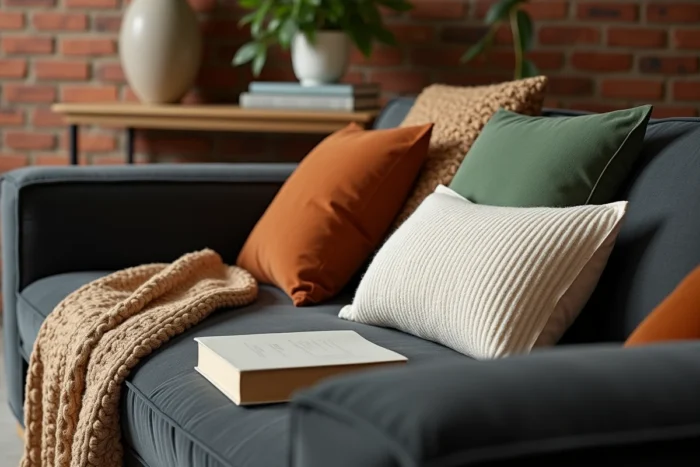 Gros plan sur un canapé gris anthracite en velours avec coussins terracotta, vert sauge et crème dans un loft urbain