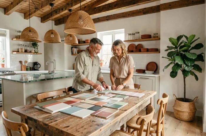Couple examinant des échantillons de matériaux éco-certifiés dans une cuisine ouverte au design durable avec poutres en bois, comptoir en verre recyclé et vaisselle en terracotta