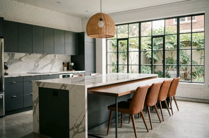 Cuisine moderne ouverte avec armoires anthracite, plan de travail en marbre et table en noyer dans un loft industriel contemporain