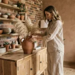 Femme arrangeant des herbes de la pampa dans un vase en terracotta dans un salon éco-responsable au style scandinave avec bois recyclé et céramiques artisanales