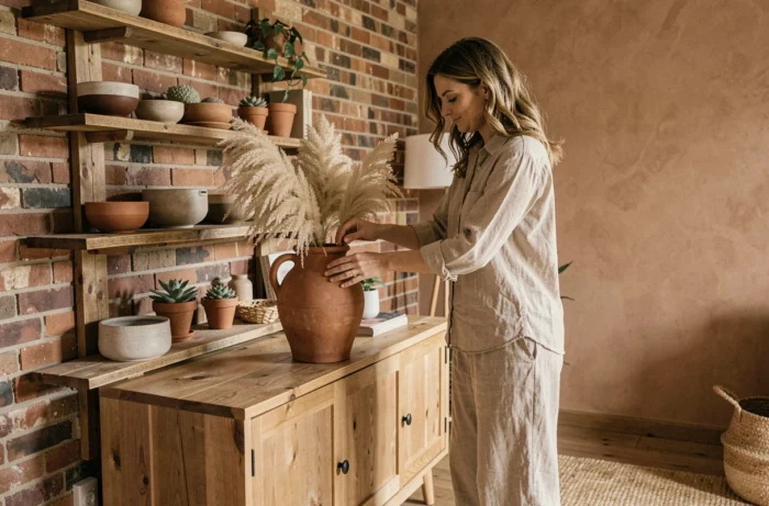 Femme arrangeant des herbes de la pampa dans un vase en terracotta dans un salon éco-responsable au style scandinave avec bois recyclé et céramiques artisanales