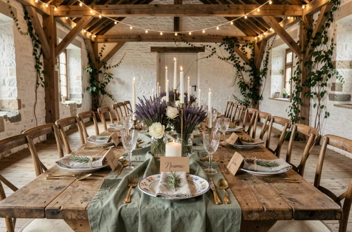 Table de réception de mariage décorée avec des fleurs séchées, des chandeliers en laiton et une vaisselle artisanale dans une grange en pierre restaurée