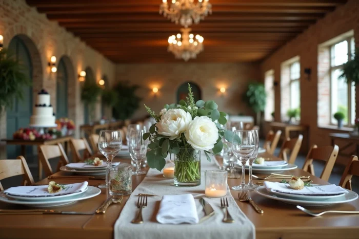 Table de réception de mariage décorée avec des pivoines blanches, de la verrerie en cristal et des couverts dorés dans une salle au style rustique chic