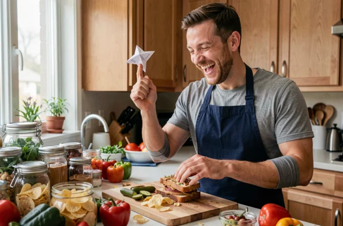 Homme en tablier réalisant un défi culinaire express improbable avec une cocotte en papier posée sur le comptoir de cuisine