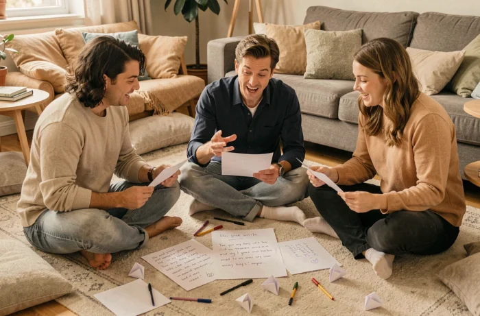 Trois amis assis par terre construisant une histoire collaborative avec des morceaux de papier et des cocottes dispersées autour d'eux