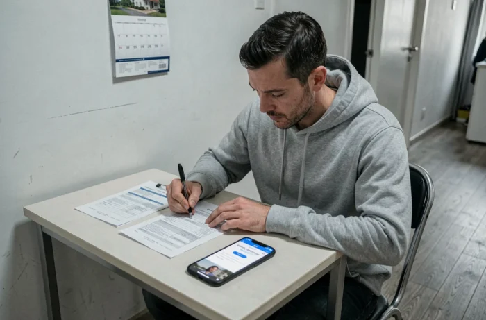 Homme en situation précaire remplissant seul son dossier de demande de logement social prioritaire Syplo