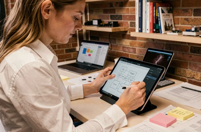 Designer UX féminine travaillant sur des wireframes numériques dans un studio créatif technologique