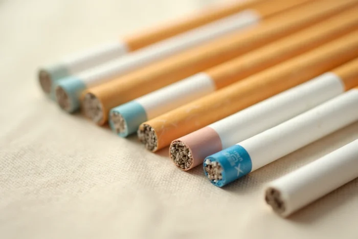 Comparaison de filtres de cigarettes Vogue pastel et bleue disposées en flat lay sur tissu beige, détail des embouts et des bandes colorées