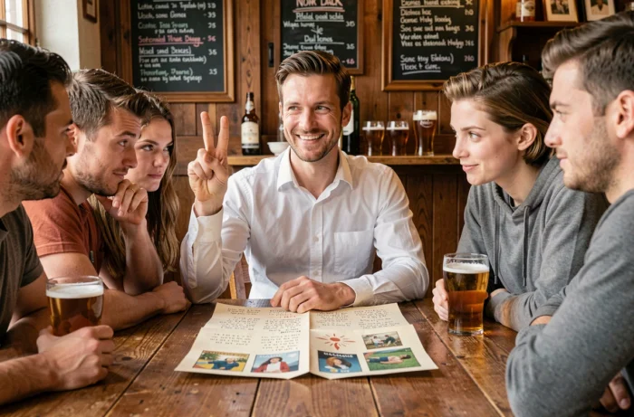 Homme tenant trois doigts levés jouant à deux vérités et un mensonge autour d'une table avec une cocotte en papier ouverte