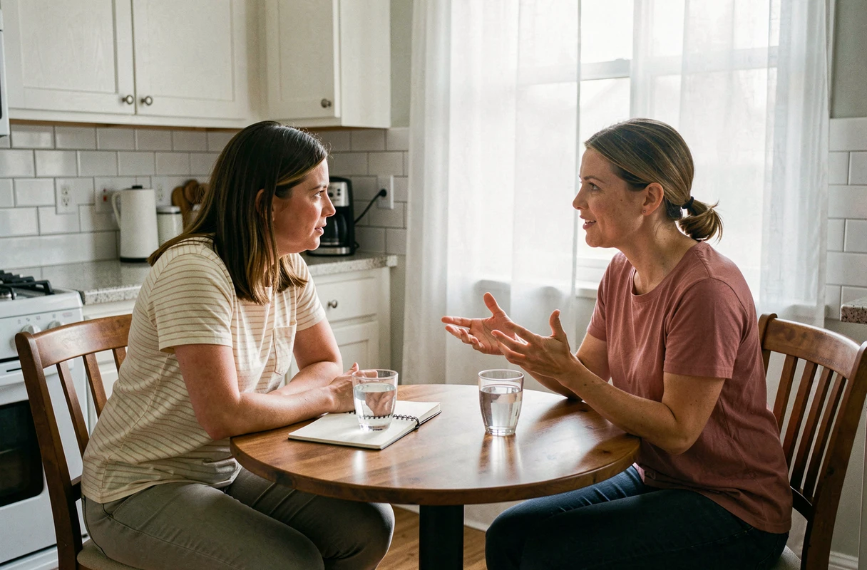 Deux femmes adultes en conversation animée autour d'une table de cuisine, illustrant les révélations et discussions sur la vie des sœurs Slaton