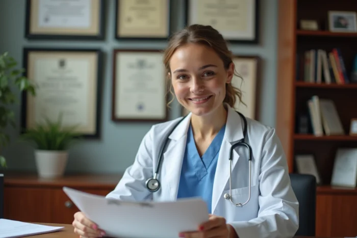 Docteure en cabinet médical privé avec diplômes et dossiers de consultation