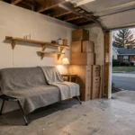 Garage résidentiel aménagé comme espace de couchage temporaire avec un lit pliant et une couverture grise