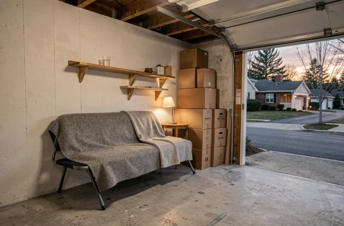 Garage résidentiel aménagé comme espace de couchage temporaire avec un lit pliant et une couverture grise
