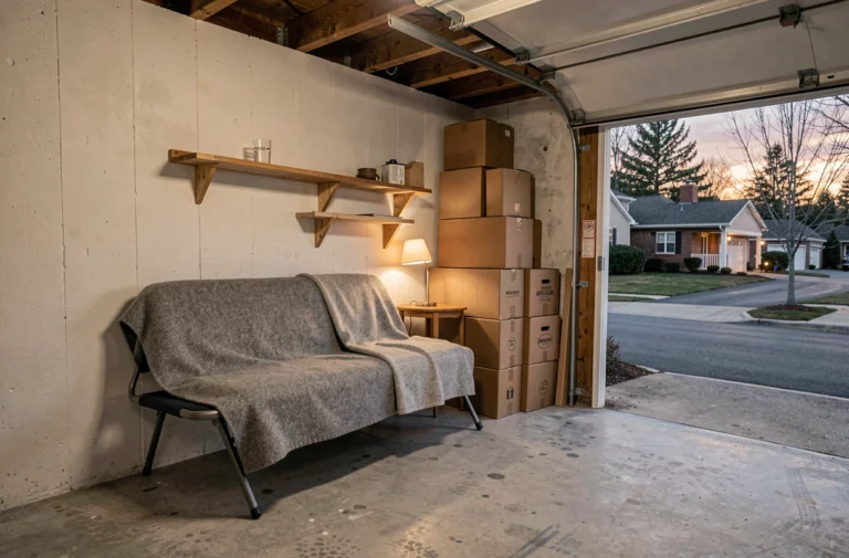 Garage résidentiel aménagé comme espace de couchage temporaire avec un lit pliant et une couverture grise