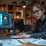 Jeune femme consultant son dossier de candidature en animation 3D devant un poste de travail avec logiciel 3D ouvert