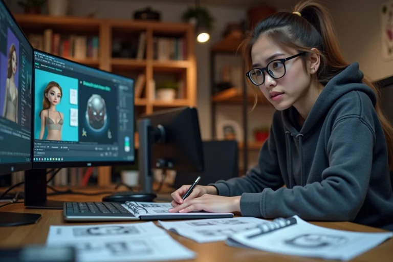 Jeune femme consultant son dossier de candidature en animation 3D devant un poste de travail avec logiciel 3D ouvert